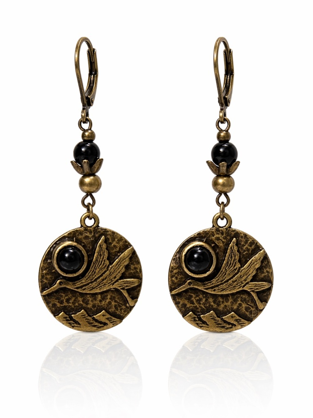 Antique Bronze Bird Earrings Black Stone Dangle Boho Lightweight - Picture 4 of 9